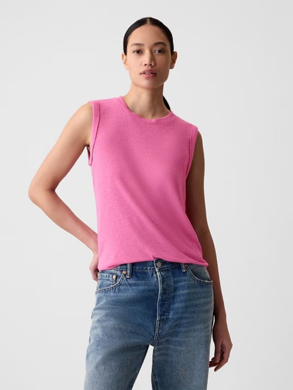 GAP Standout Pink Linen Blend Crew Neck Muscle Tank Top, Size S